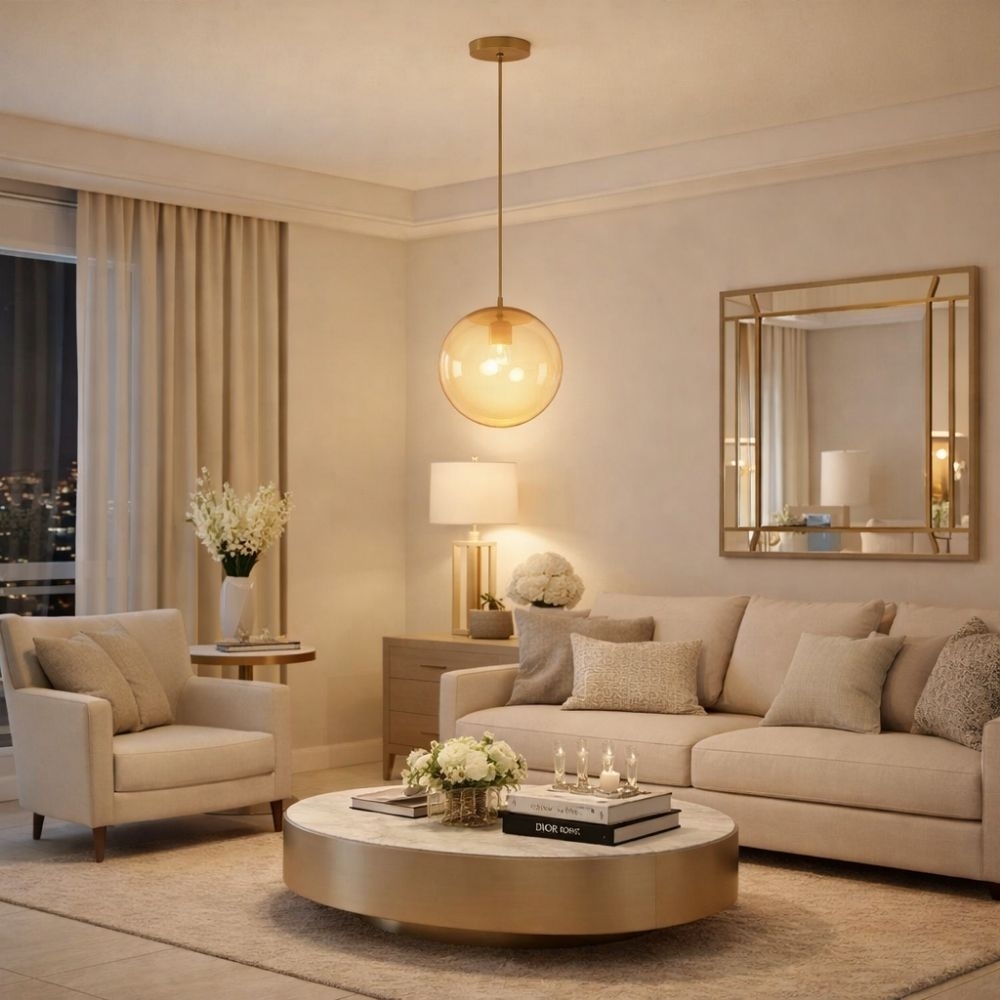 PENDENTE CATAR PARA 1 LAMPADA E27 DOURADO CHP COM GLOBO AMBAR 20CM - KIN LIGHT