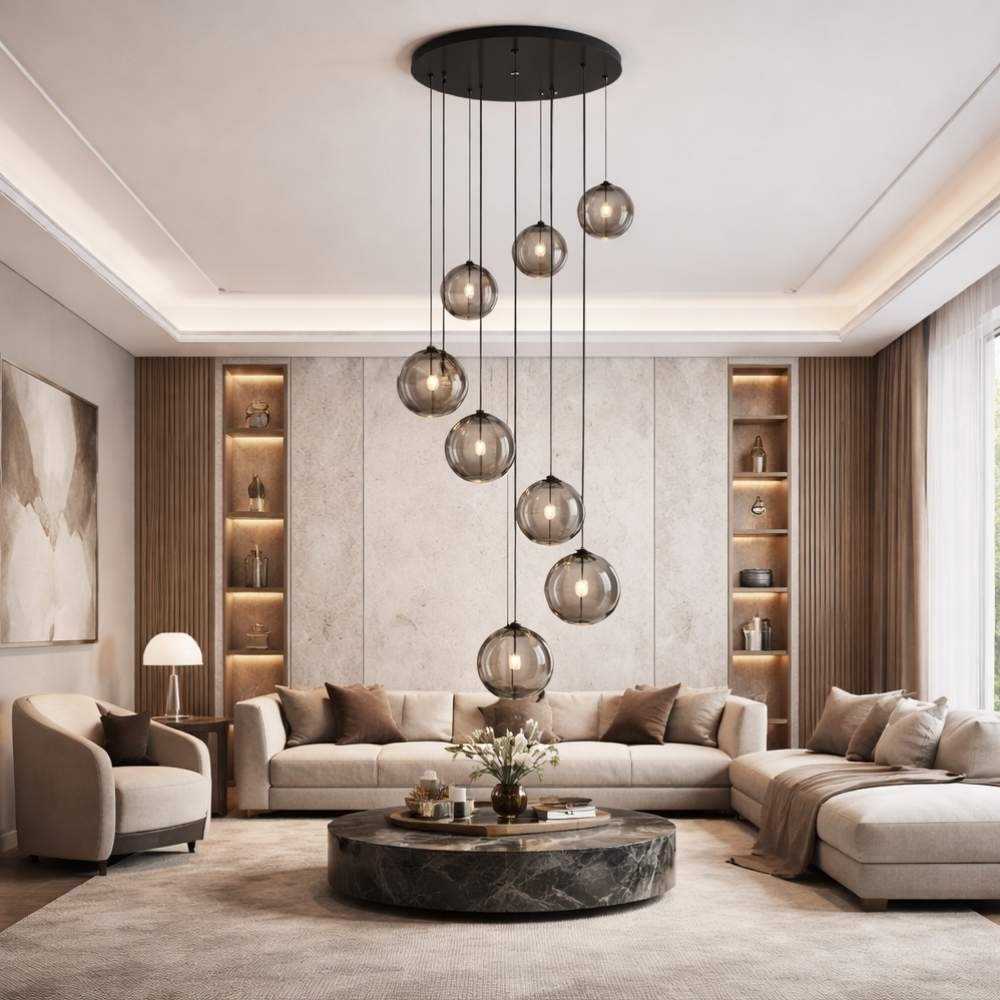 PENDENTE CATAR BOLA FUME PARA 9 LAMPADA E27 PRETO 3 METRO - KIN LIGHT