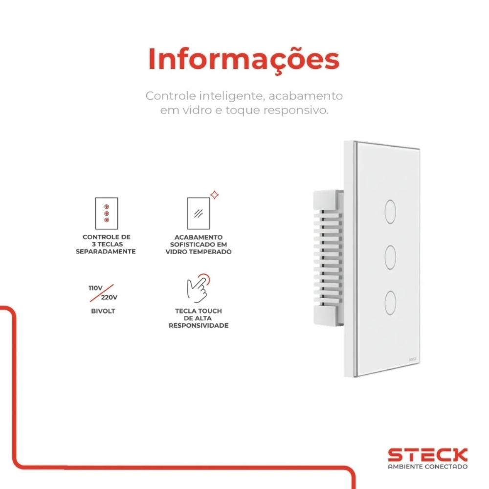 CONJUNTO 4X2 3 INTERRUPTORES TOUCH BRANCO WI-FI AMBIENTE CONECTADO - STECK