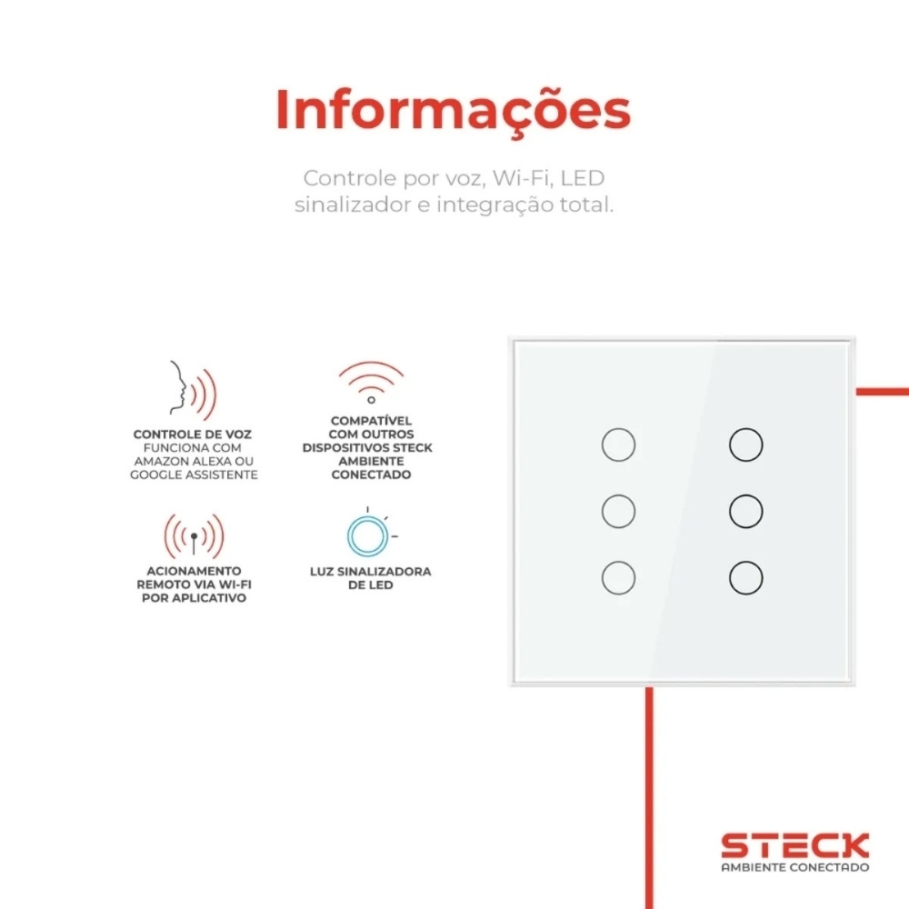 CONJUNTO 4X4 6 INTERRUPTORES TOUCH BRANCO WI-FI AMBIENTE CONECTADO - STECK