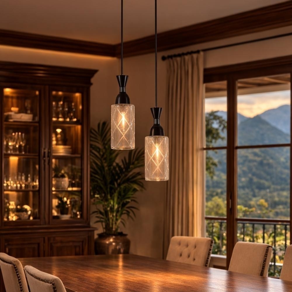 PENDENTE BELIZE PARA 2 LAMPADAS E27 PRETO COM VIDRO CABO 1 METRO - KIN LIGHT