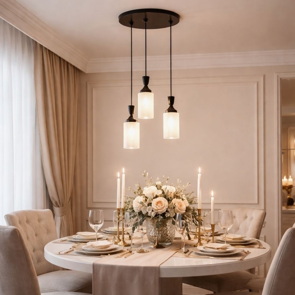 PENDENTE BELIZE PARA 3 LAMPADAS E27 PRETO COM VIDRO CABO 1 METRO - KIN LIGHT