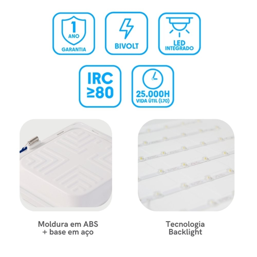 PAINEL LED EMBUTIR 18W BIVOLT 6500K 1620LM QUADRADO PRETO 22CM - BLUMENAU