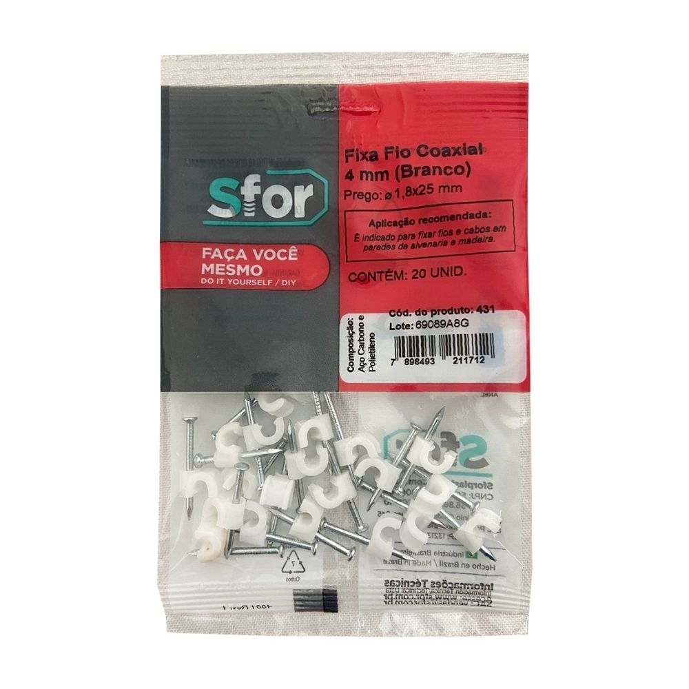 FIXA FIO COAXIAL 4MM BRANCO COM PREGO 1,8X25MM COM 20 PECAS - SFORPLAST