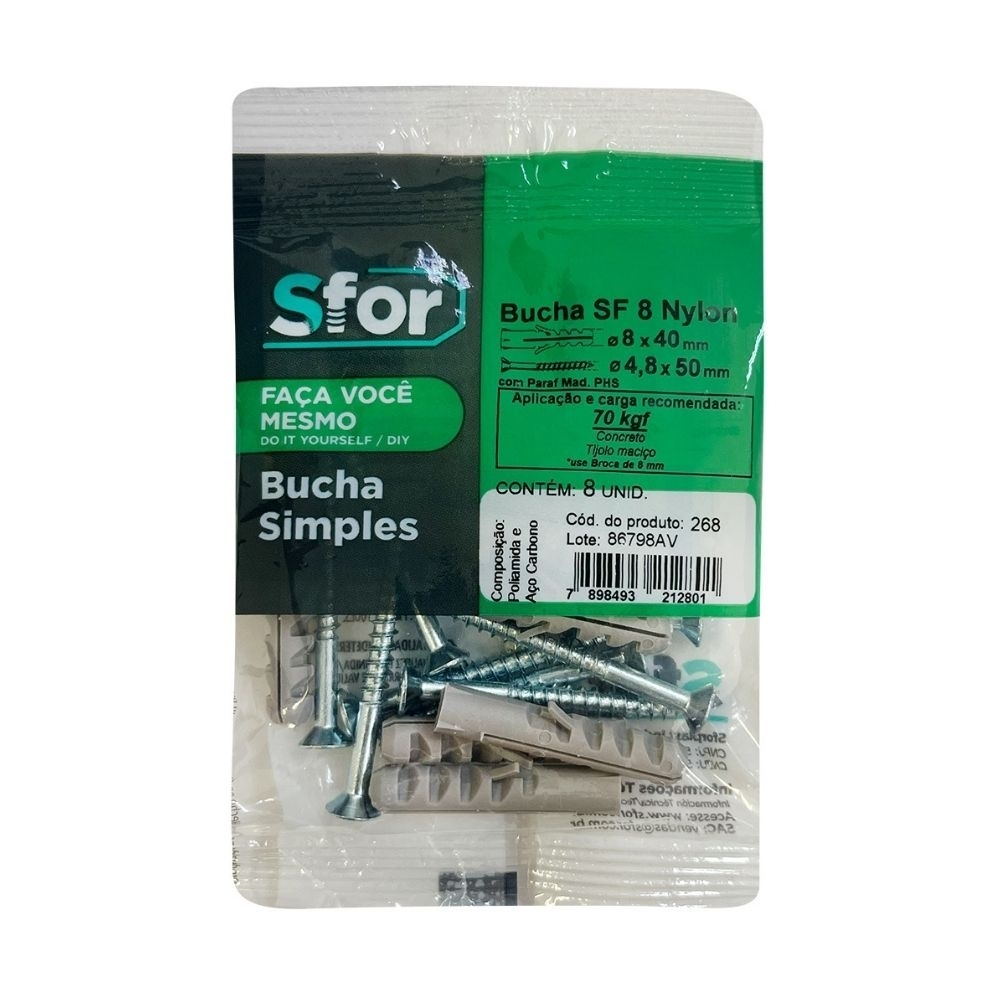 PARAFUSO MADEIRA PHILIPS 4,8X50 COM BUCHA NYLON 8MM COM 8 PECAS - SFORPLAST