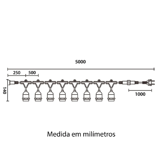 KIT VARAL FESTAO 5 METROS IP65 COM 8 LAMPADAS LED BOLINHA 6W BIVOLT 2700K