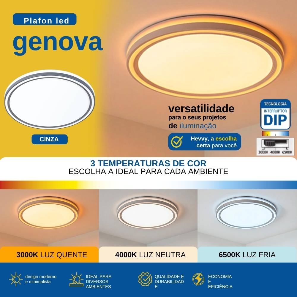 PLAFON LED GENOVA 20W 3000K/4000K/6000K CINZA 30CM REDONDO- HEVVY