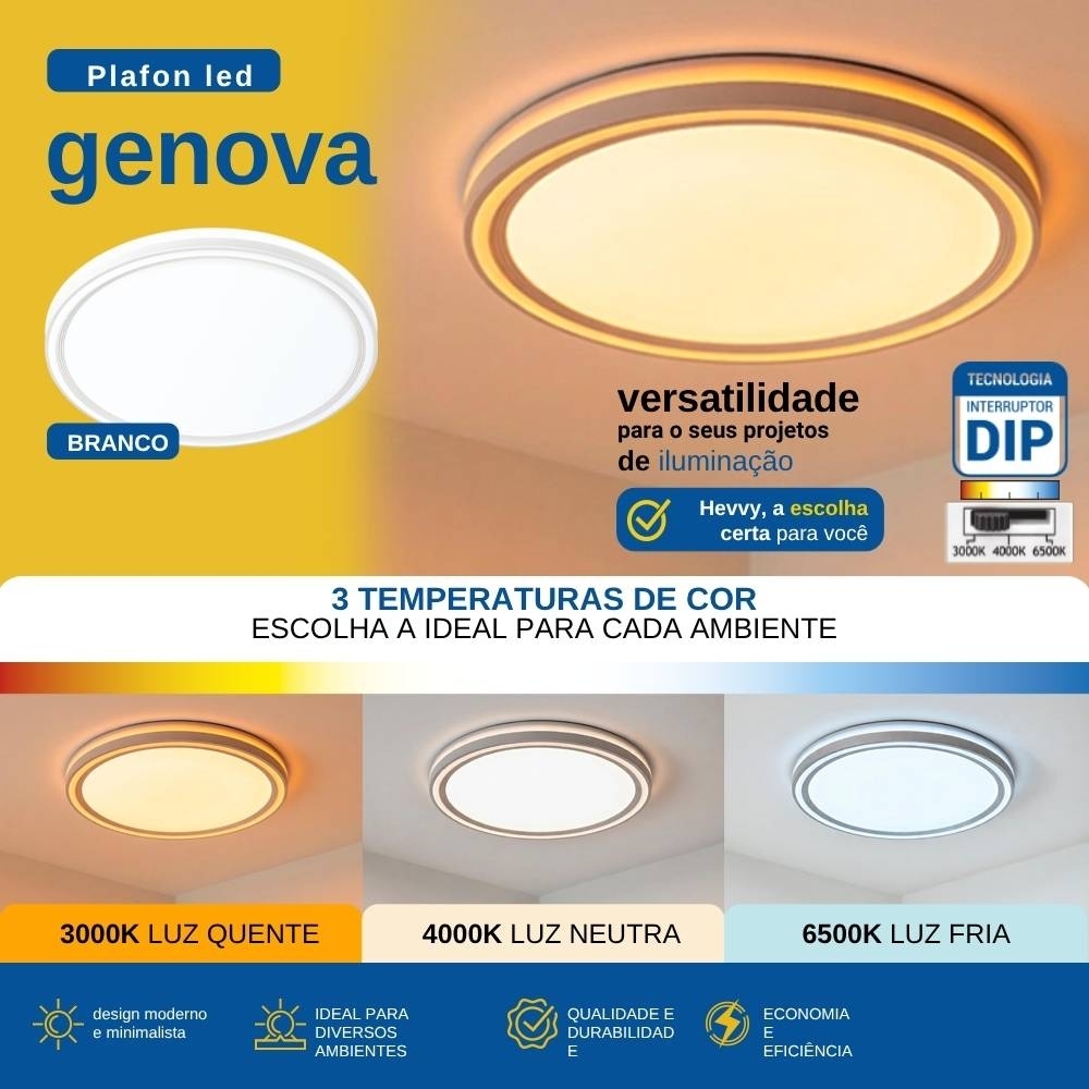PLAFON LED GENOVA 20W 3000K/4000K/6000K BRANCO 30CM REDONDO - HEVVY