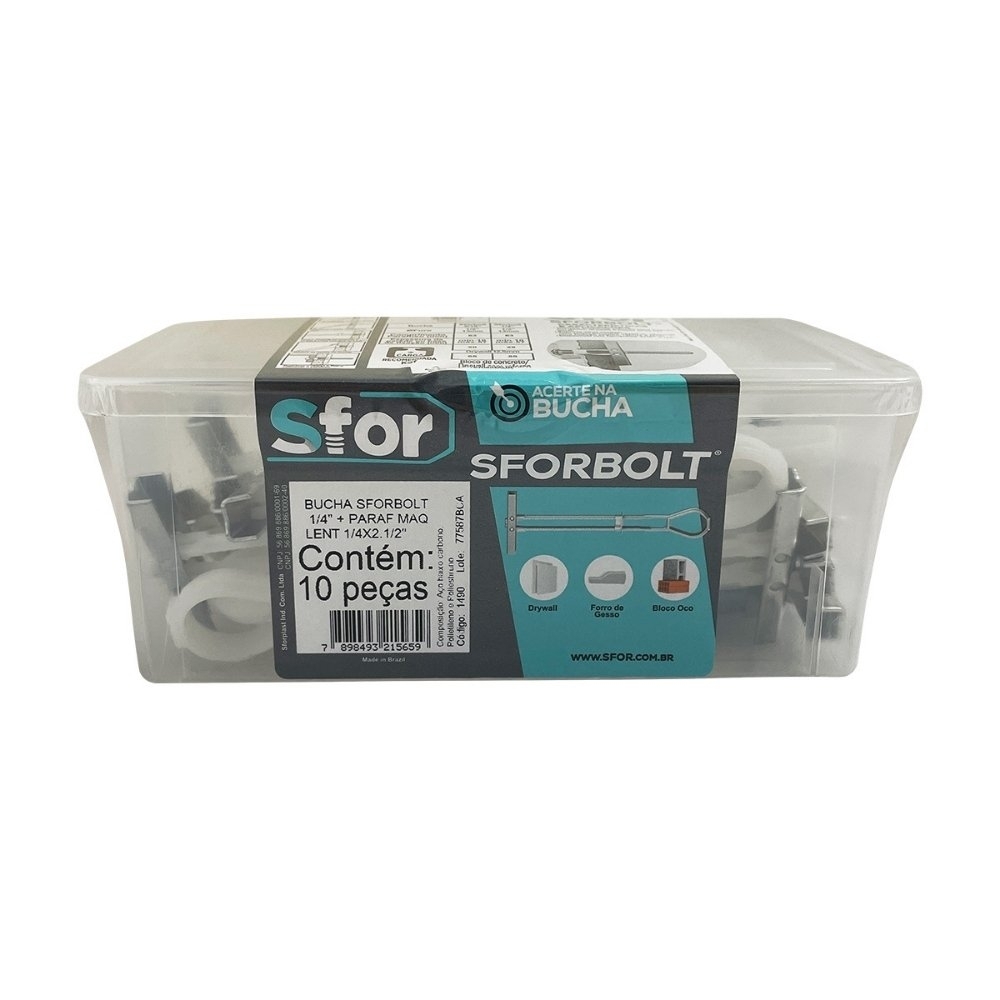 BUCHA SFORBOLT 1/4 PARAFUSO MAQUINA LENTILHA 1/4X2.1/2 COM 10 PECAS - SFORPLAST