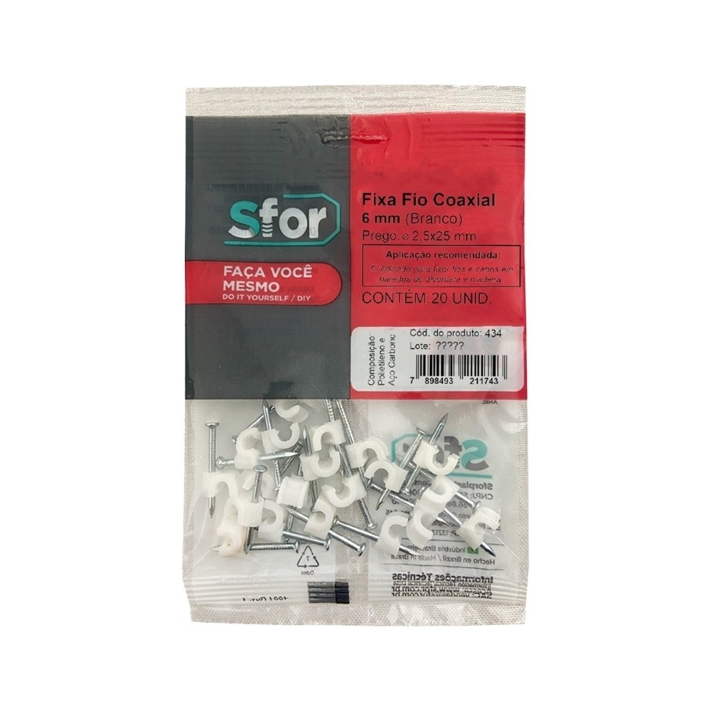 FIXA FIO COAXIAL 6 BRANCO + PREGO 2,5X25 COM 20 PECAS - SFORPLAST