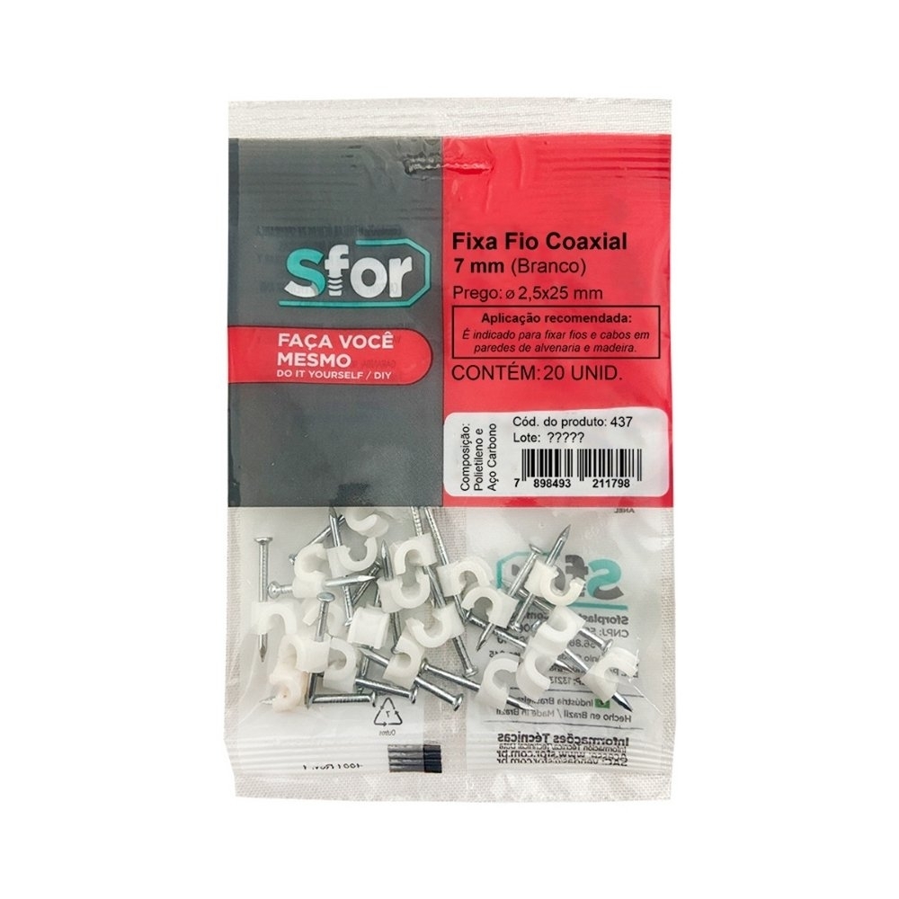 FIXA FIO COAXIAL 7 BRANCO + PREGO 2,5X25 COM 20 PECAS - SFORPLAST
