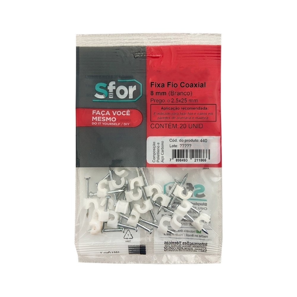 FIXA FIO COAXIAL 8 BRANCO + PREGO 2,5X25 COM 20 PECAS - SFORPLAST