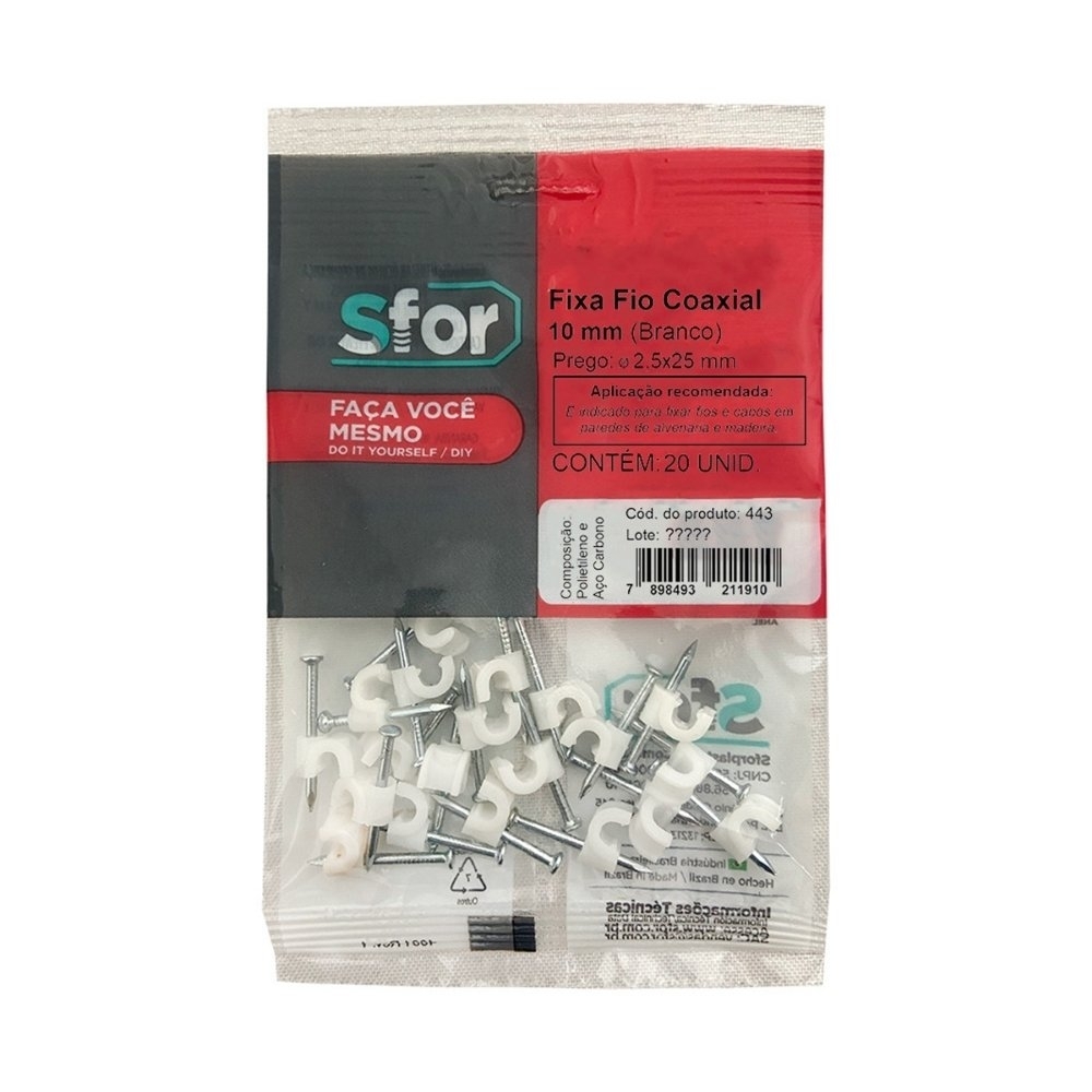 FIXA FIO COAXIAL 10 BRANCO + PREGO 2,5X25 COM 20 PECAS - SFORPLAST