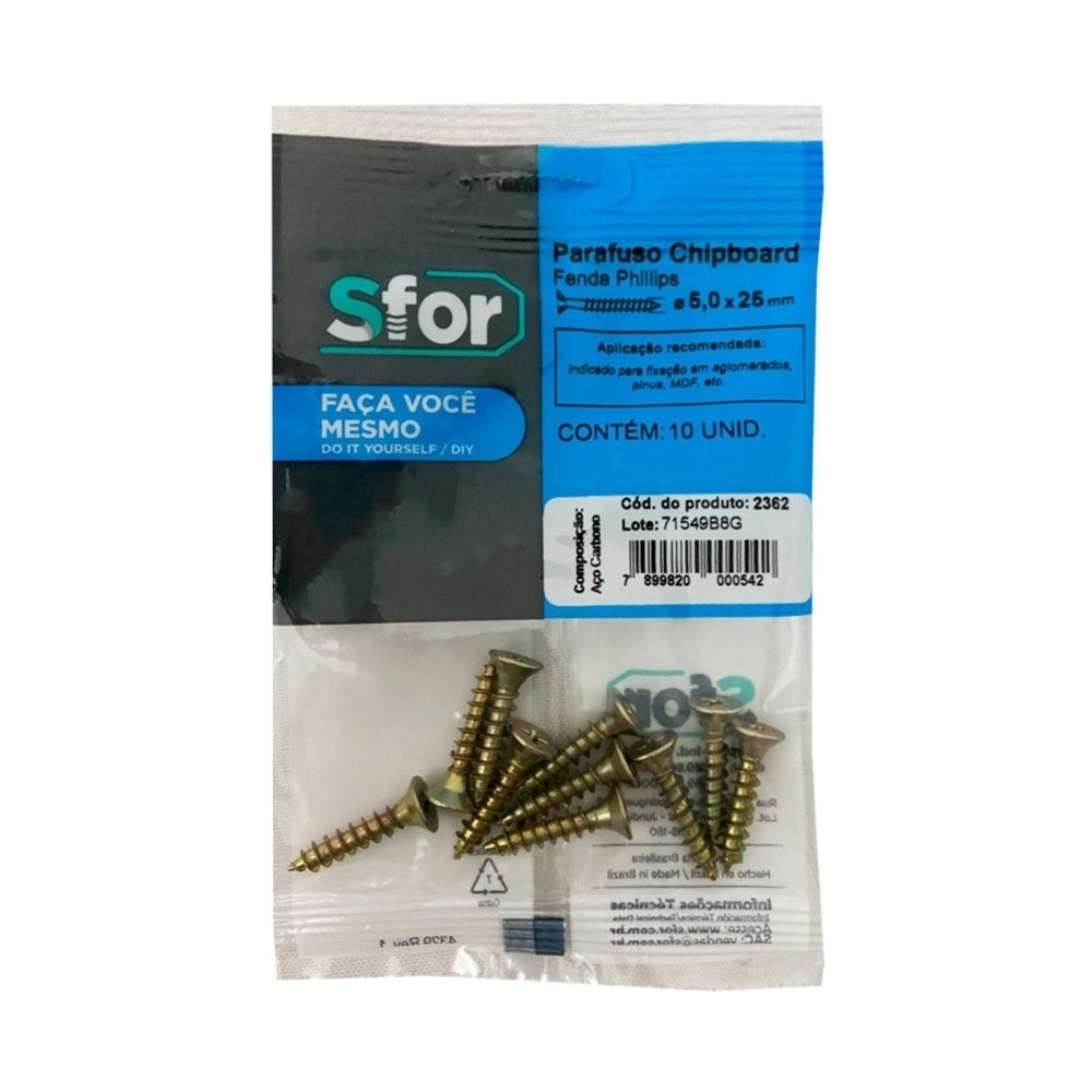 PARAFUSO CHIPBOARD PHILIPS 5,0X25 COM 10 PECAS - SFORPLAST