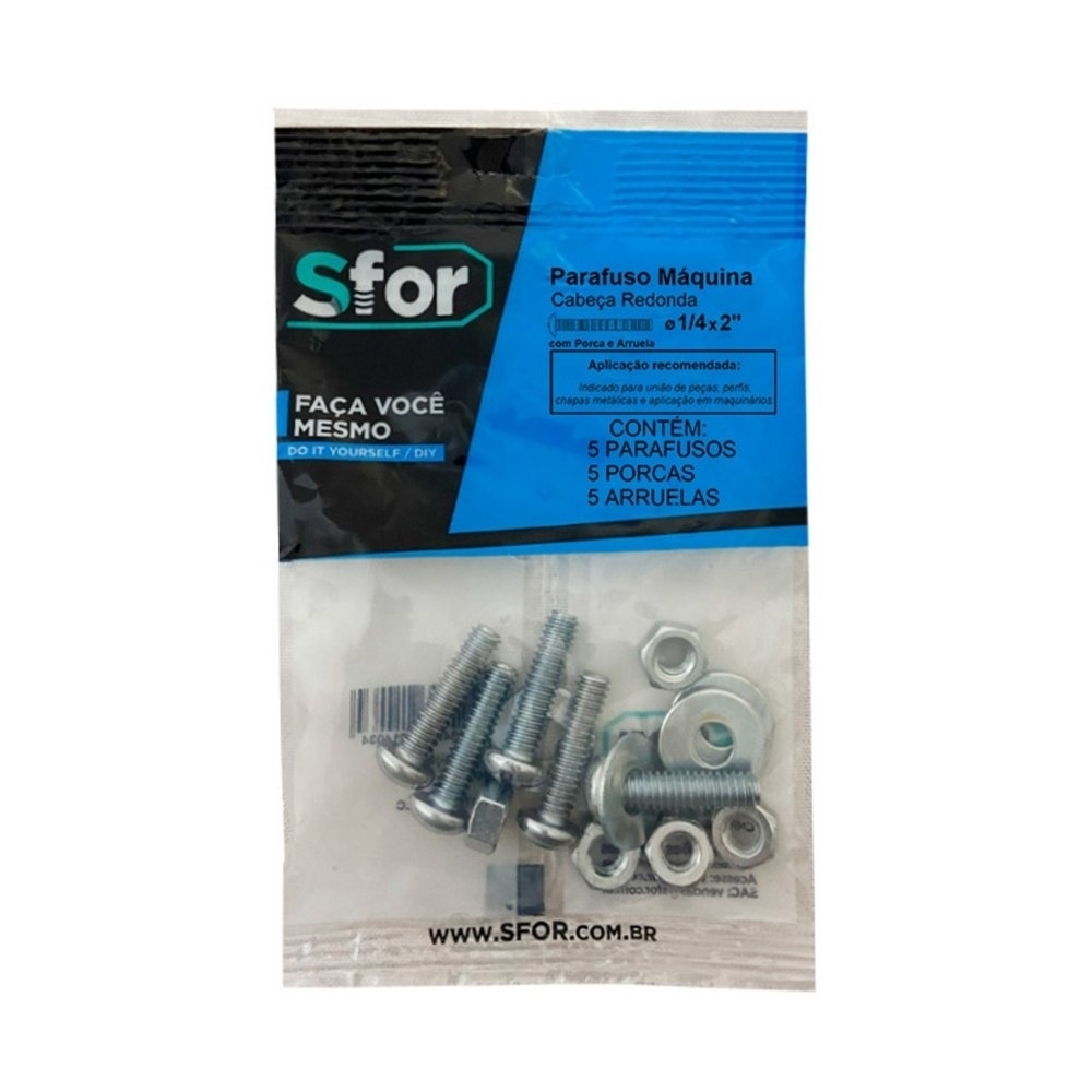 PARAFUSO MAQUINA REDONDO 1/4X2 + PORCA E ARRUELA COM 5 PECAS - SFORPLAST