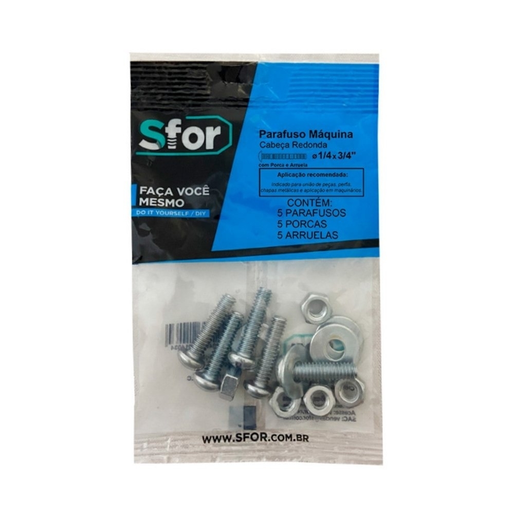 PARAFUSO MAQUINA REDONDO 1/4X3/4 + PORCA E ARRUELA COM 5 PECAS - SFORPLAST