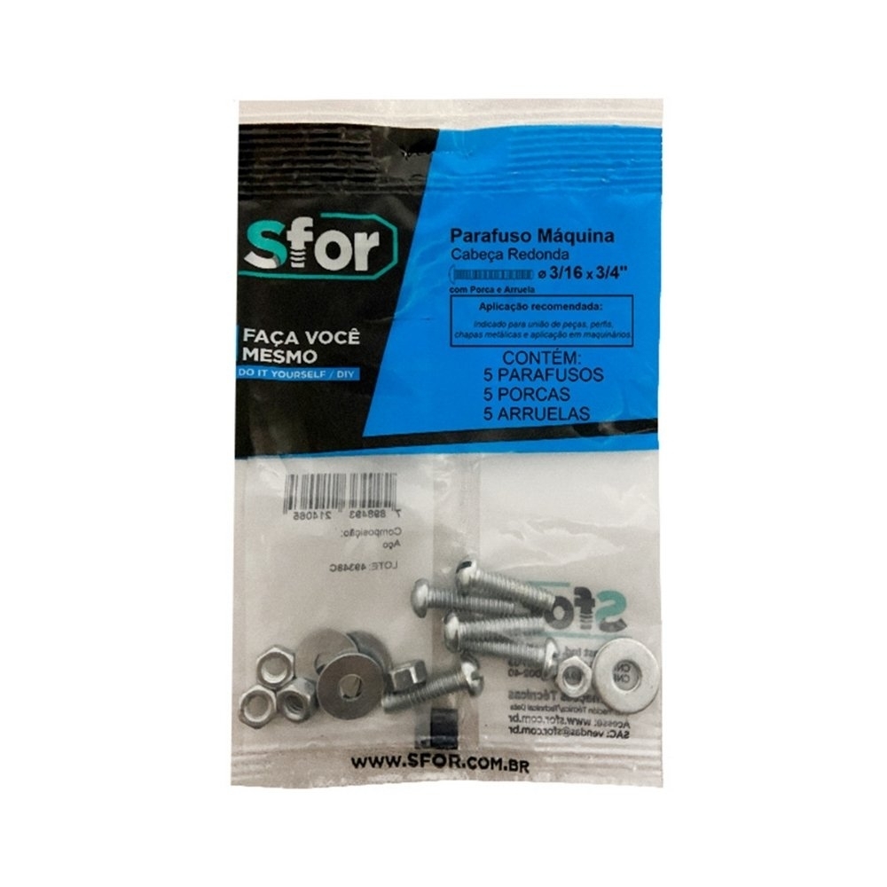 PARAFUSO MAQUINA REDONDO 3/16X3/4 + PORCA E ARRUELA COM 5 PECAS - SFORPLAST