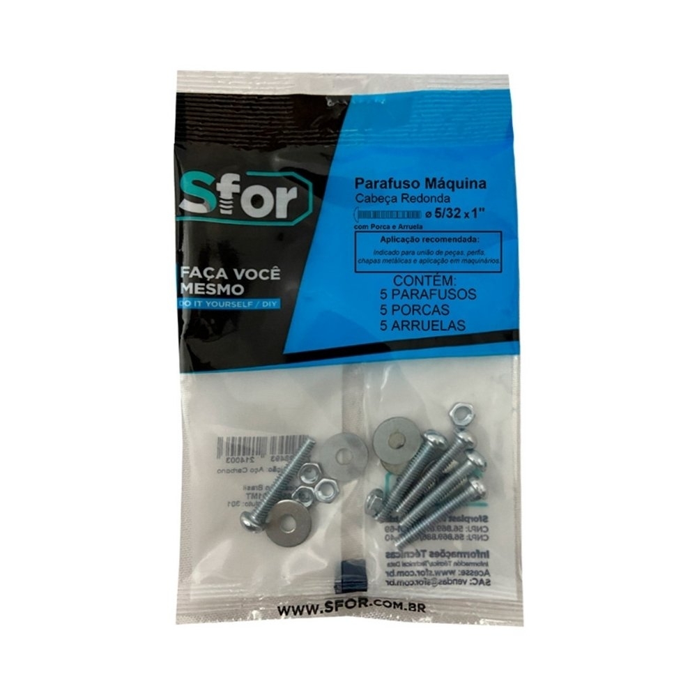 PARAFUSO MAQUINA REDONDO 5/32X1 + PORCA E ARRUELA COM 5 PECAS - SFORPLAST