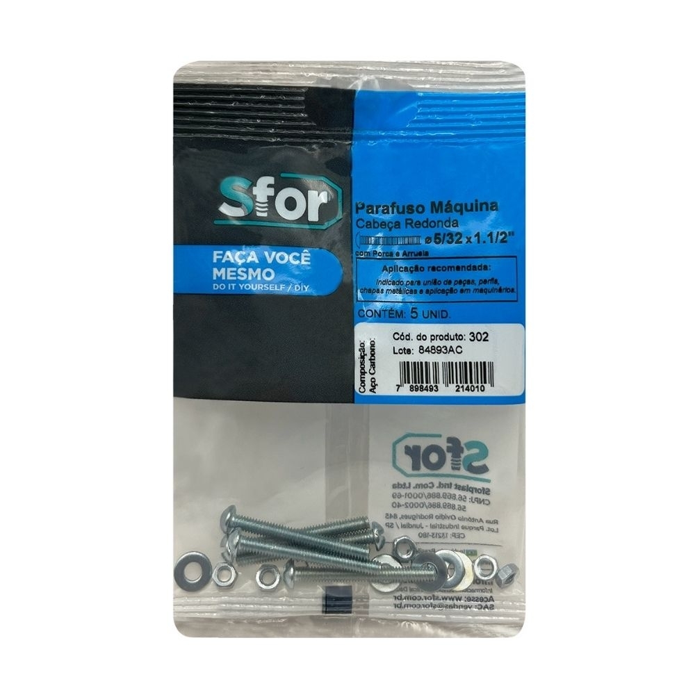 PARAFUSO MAQUINA REDONDO 5/32X1.1/2 + PORCA E ARRUELA COM 5 PECAS - SFORPLAST