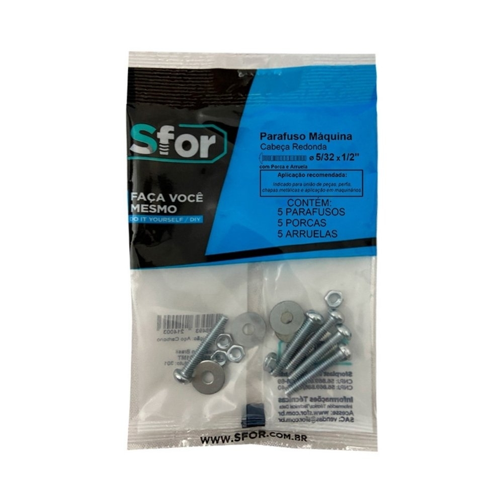 PARAFUSO MAQUINA REDONDO 5/32X1/2 + PORCA E ARRUELA COM 5 PECAS - SFORPLAST
