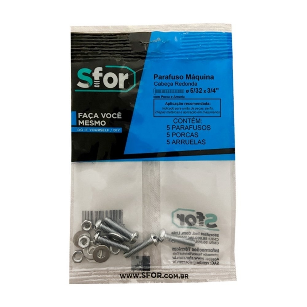 PARAFUSO MAQUINA REDONDO 5/32X3/4 + PORCA E ARRUELA COM 5 PECAS - SFORPLAST