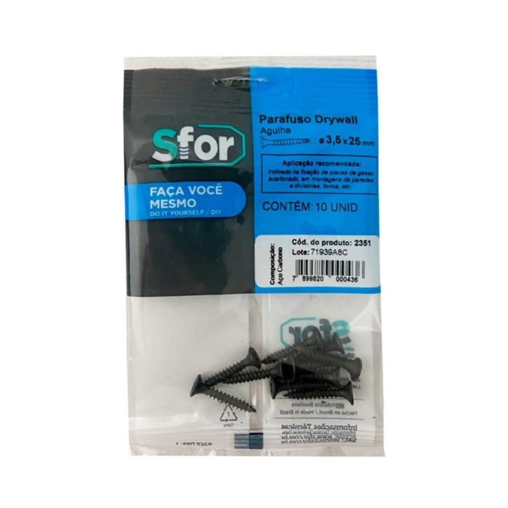 PARAFUSO DRYWALL AGULHA 3,5X25 COM 10 PECAS - SFORPLAST