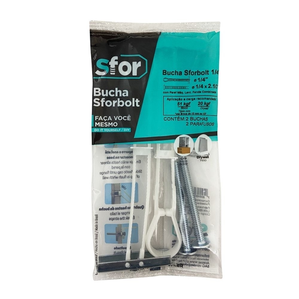 BUCHA SFORBOLT 1/4 + PARAFUSO MAQUINA LENTILHA 1/4X2 1/2 COM 2 PECAS - SFORPLAST