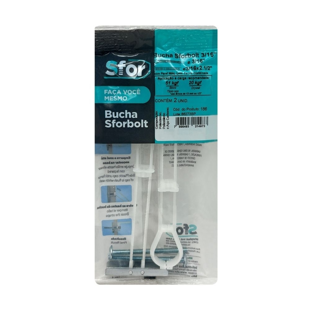 BUCHA SFORBOLT 3/16 + PARAFUSO MAQUINA LENTILHA 3/16X2.1/2 COM 2 PECAS - SFORPLAST