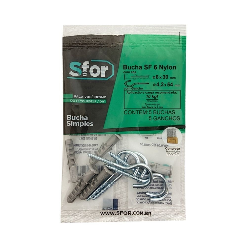 GANCHO COM BUCHA NYLON 6MM ABA COM 05 PECAS - SFORPLAST