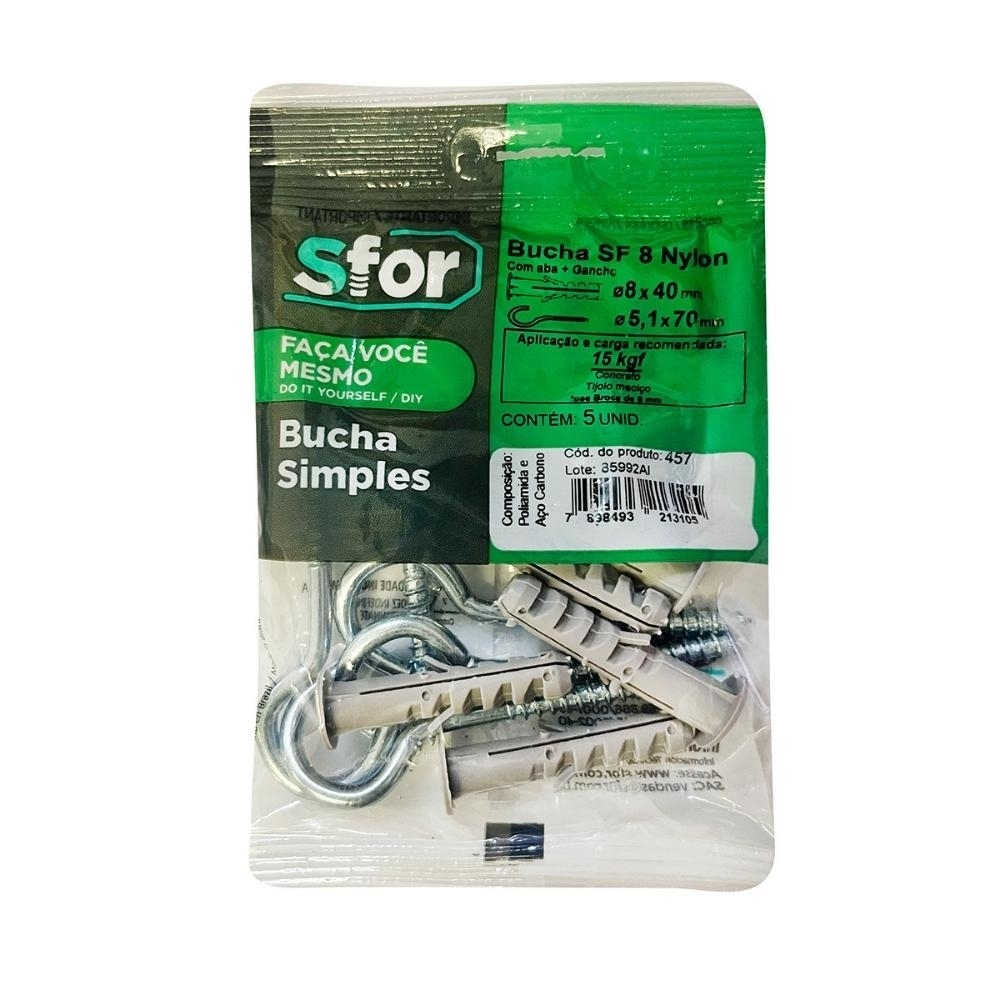 GANCHO COM BUCHA NYLON 8MM ABA COM 05 PECAS - SFORPLAST