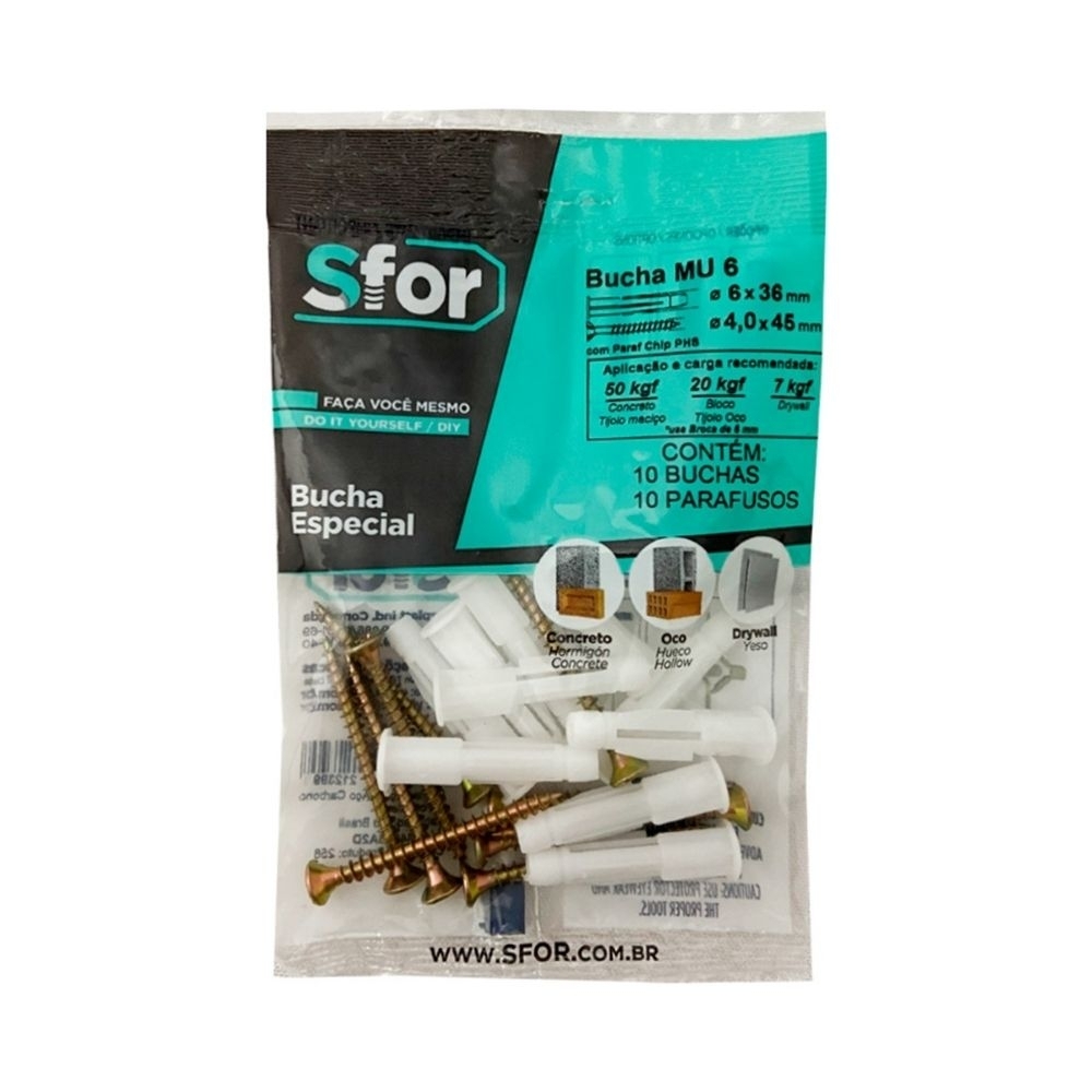 PARAFUSO CHIPBOARD PHILIPS 4,0X45 + BUCHA 6 MULTIUSO 10 PECAS - SFORPLAST
