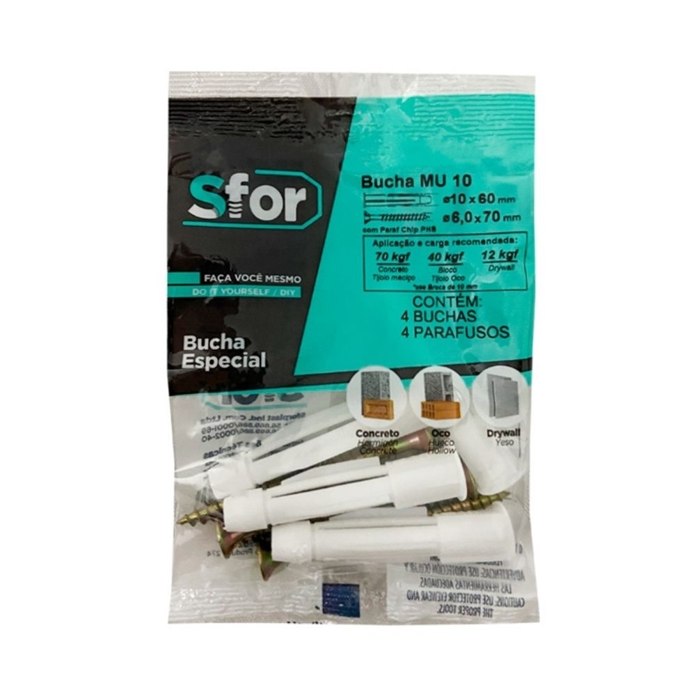 PARAFUSO CHIPBOARD PHILIPS 6,0X70 + BUCHA MULTIUSO 10 COM 4 PECAS - SFORPLAST