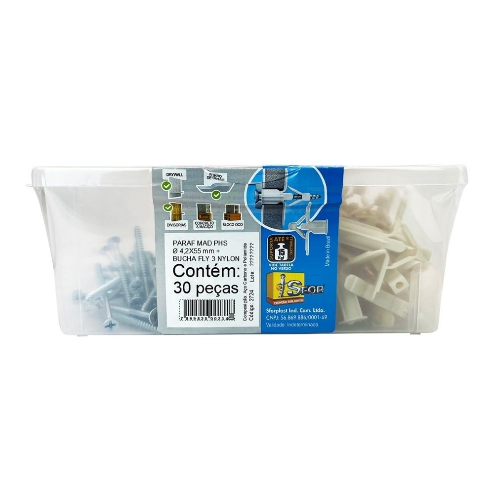 PARAFUSO MADEIRA PHILIPS 4,2X55 + BUCHA FLY 3 NYLON - 30 PECAS - SFORPLAST