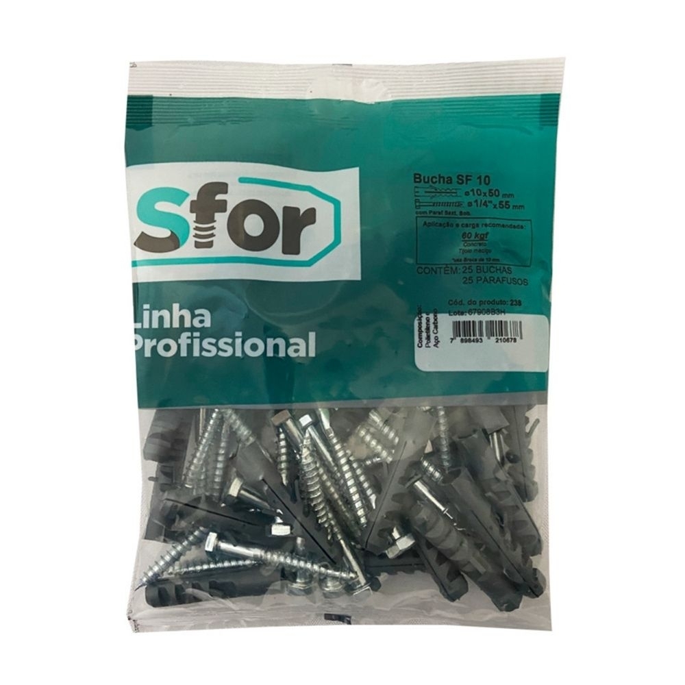 PARAFUSO SEXTAVADO SOBERBA 1/4X55 COM BUCHA 10MM COM 25 PECAS - SFORPLAST