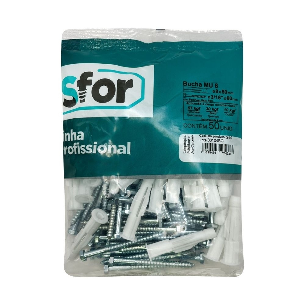 PARAFUSO SEXTAVADO SOBERBA 3/16X60 COM BUCHA S8 MULTIUSO COM 50 PECAS - SFORPLAST