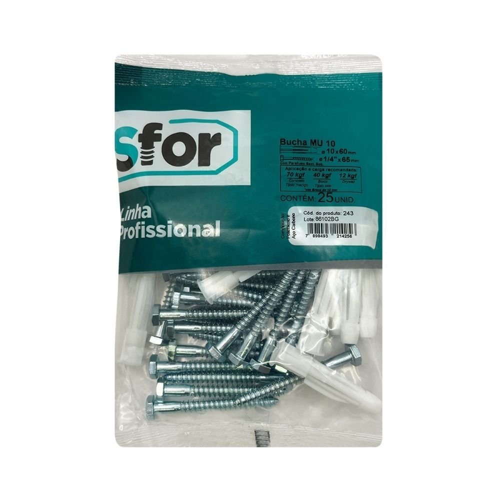 PARAFUSO SEXTAVADO SOBERBA 1/4X65 COM BUCHA S10 MULTIUSO COM 25 PECAS - SFORPLAST