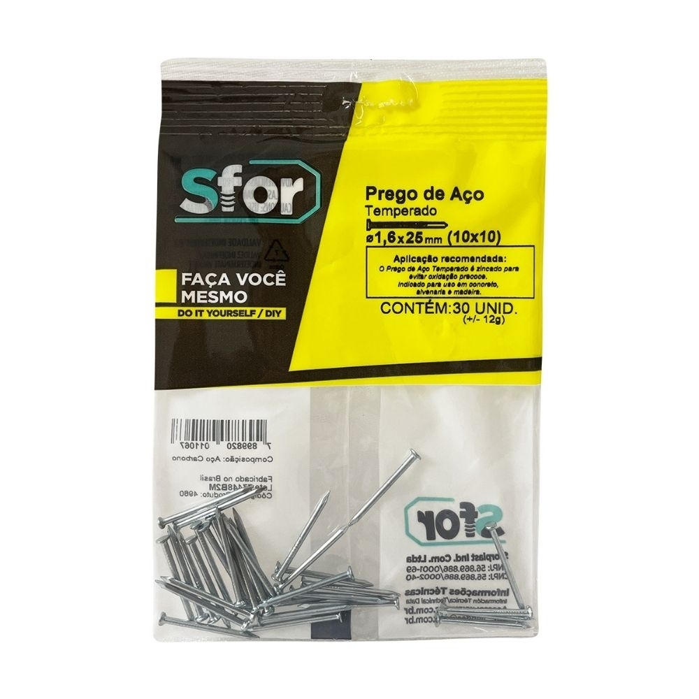 PREGO ACO GALVANIZADO 10X10 1,6X25MM COM 30 PECAS - SFORPLAST