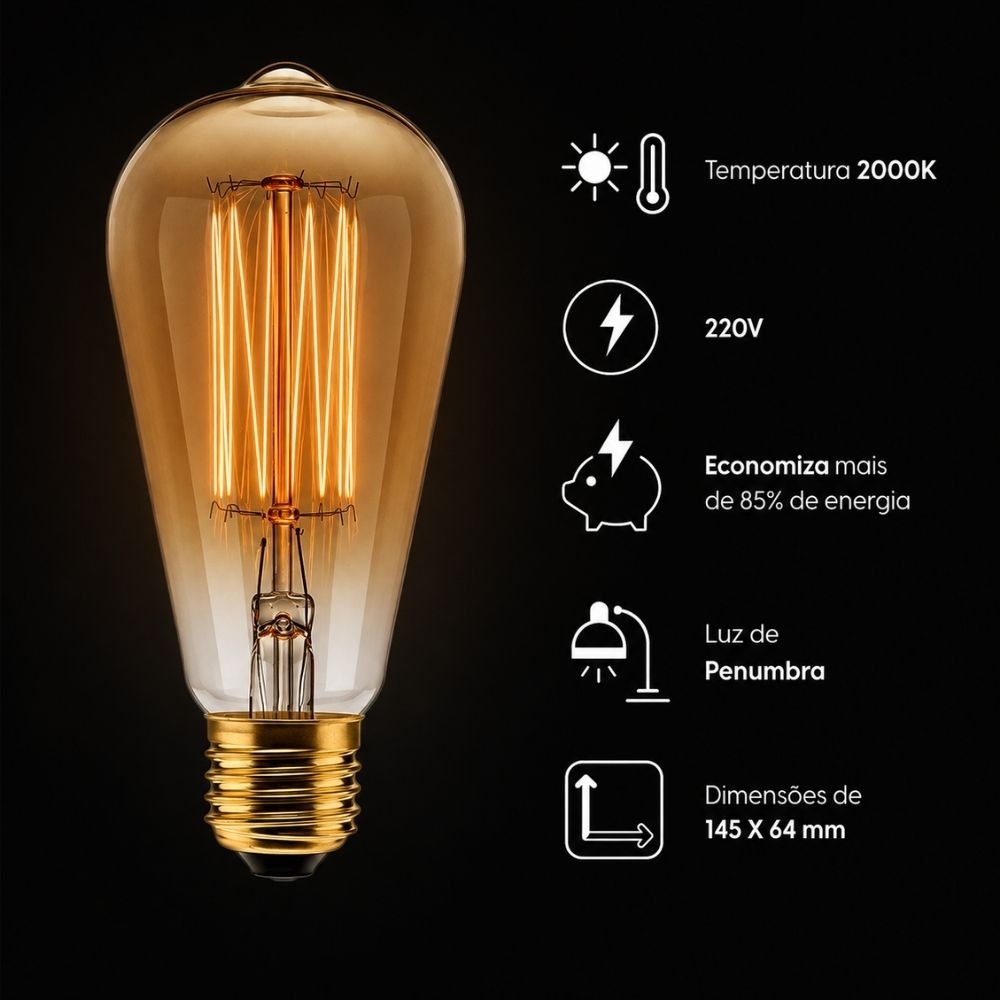 Lampada Filamento Carbono ST64 40W 220V Luz Amarela E27 - Elgin
