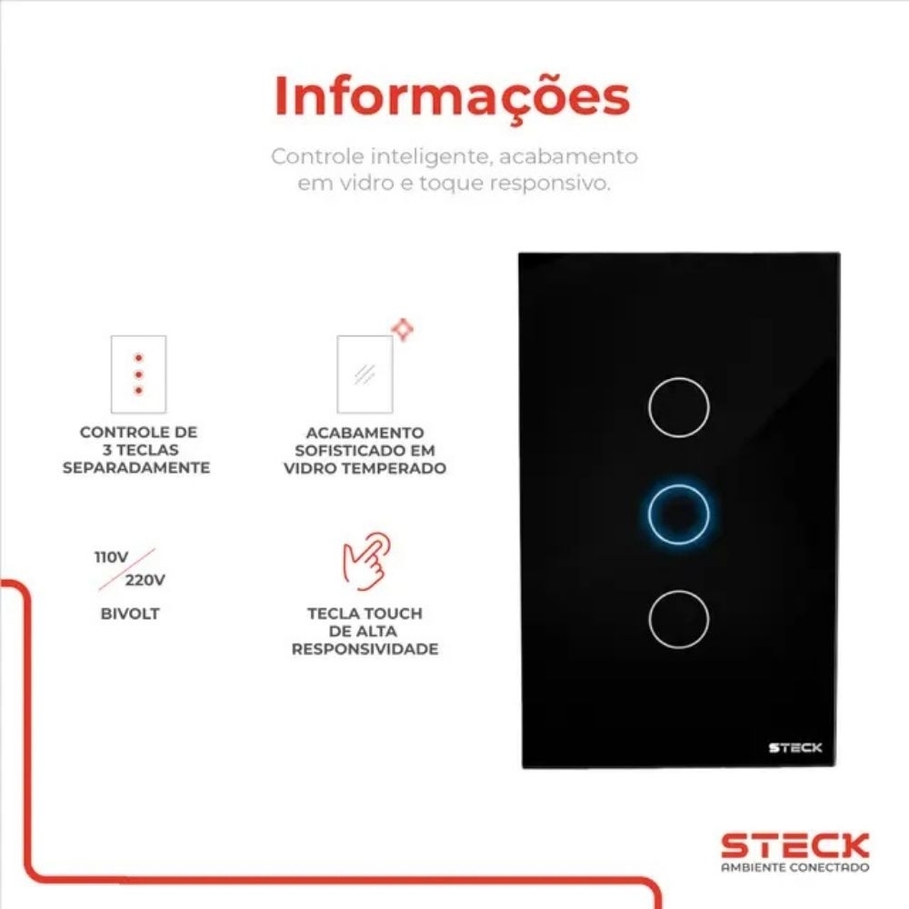 CONJUNTO 4X2 3 INTERRUPTOR TOUCH PRETO WIFI AMBIENTE CONECTADO - STECK