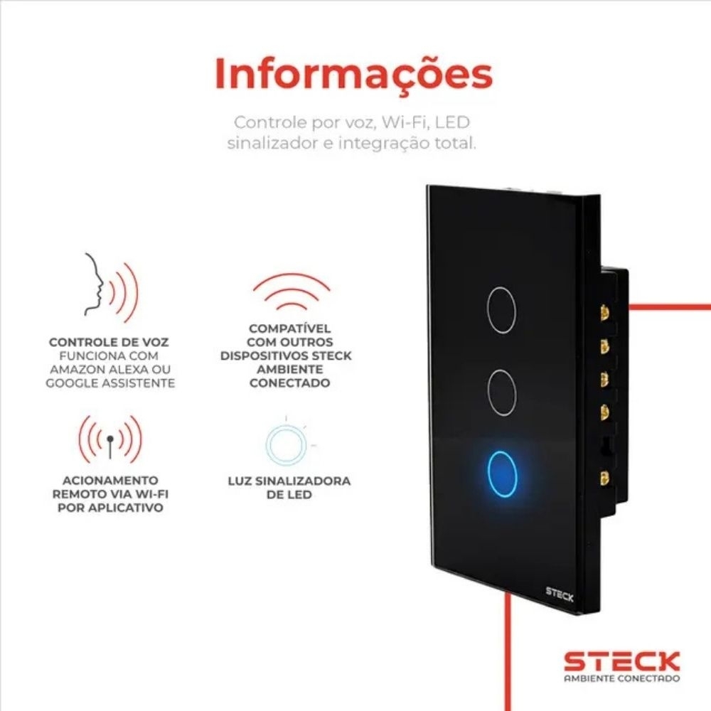 CONJUNTO 4X2 3 INTERRUPTOR TOUCH PRETO WIFI AMBIENTE CONECTADO - STECK