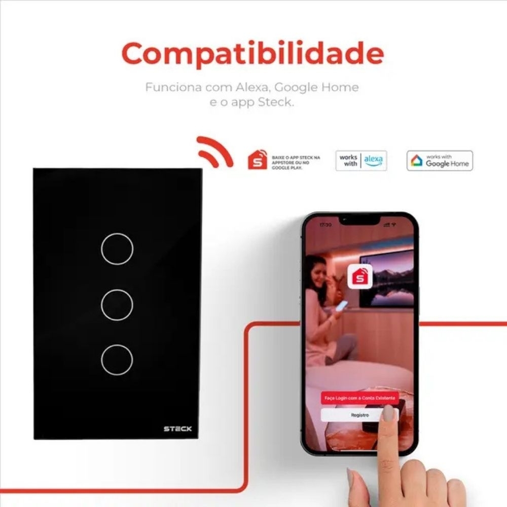 CONJUNTO 4X2 3 INTERRUPTOR TOUCH PRETO WIFI AMBIENTE CONECTADO - STECK