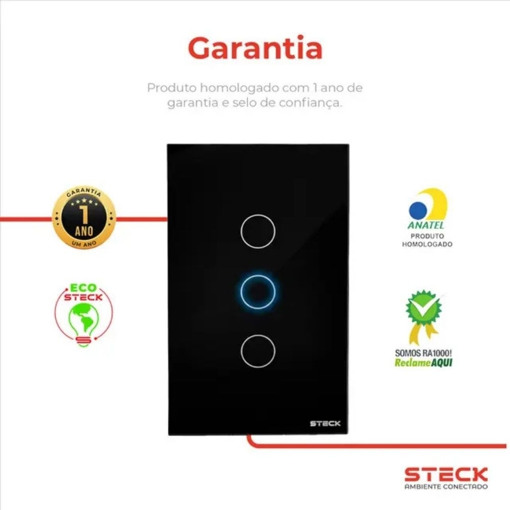 CONJUNTO 4X2 3 INTERRUPTOR TOUCH PRETO WIFI AMBIENTE CONECTADO - STECK