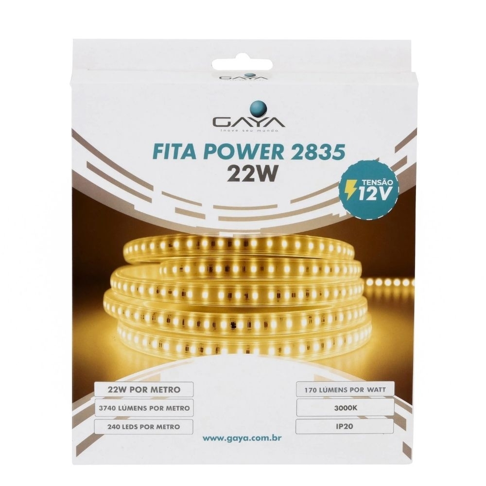 FITA LED POWER 22W/M 12V LUZ AMARELA 3000K 3740LM IP20 COM 5 METROS - GAYA