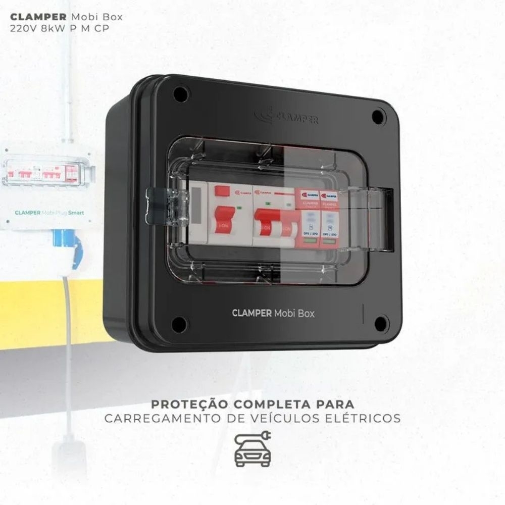 QUADRO PROTETOR CARRO VEICULAR 8KW 220V PRETO MOBI 40A COM MEDIDOR CONSUMO - CLAMPER