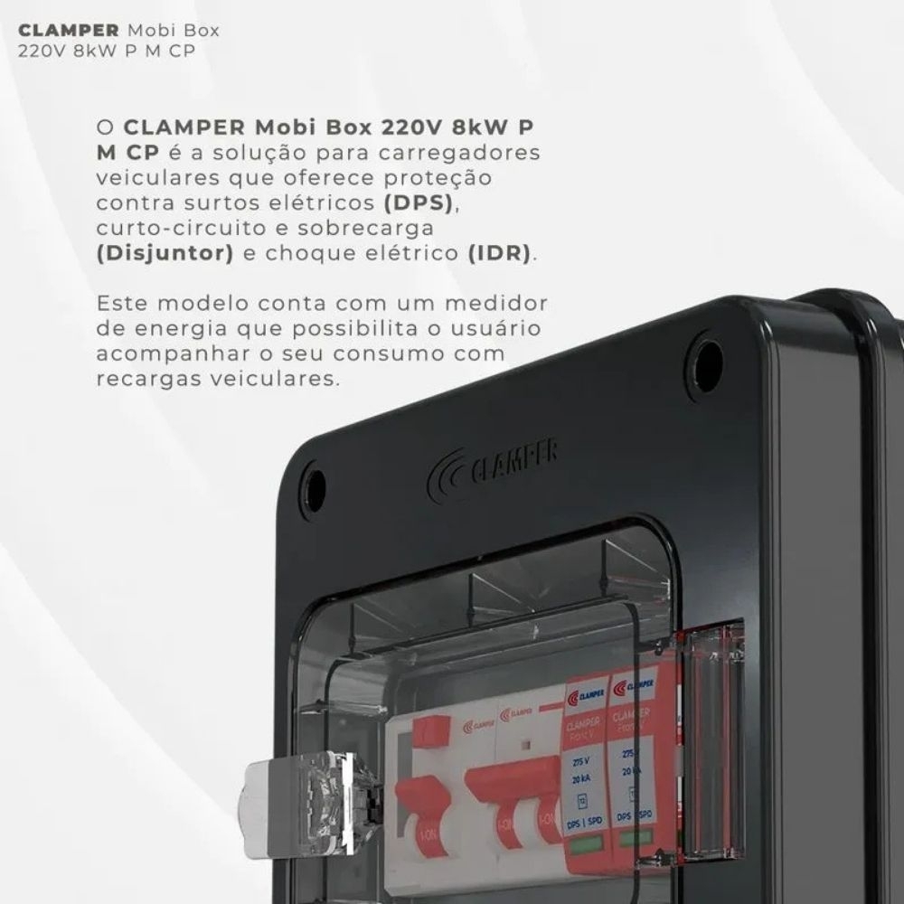 QUADRO PROTETOR CARRO VEICULAR 8KW 220V PRETO MOBI 40A COM MEDIDOR CONSUMO - CLAMPER
