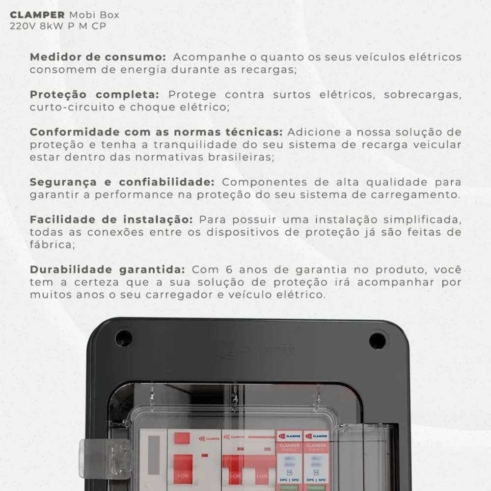 QUADRO PROTETOR CARRO VEICULAR 8KW 220V PRETO MOBI 40A COM MEDIDOR CONSUMO - CLAMPER
