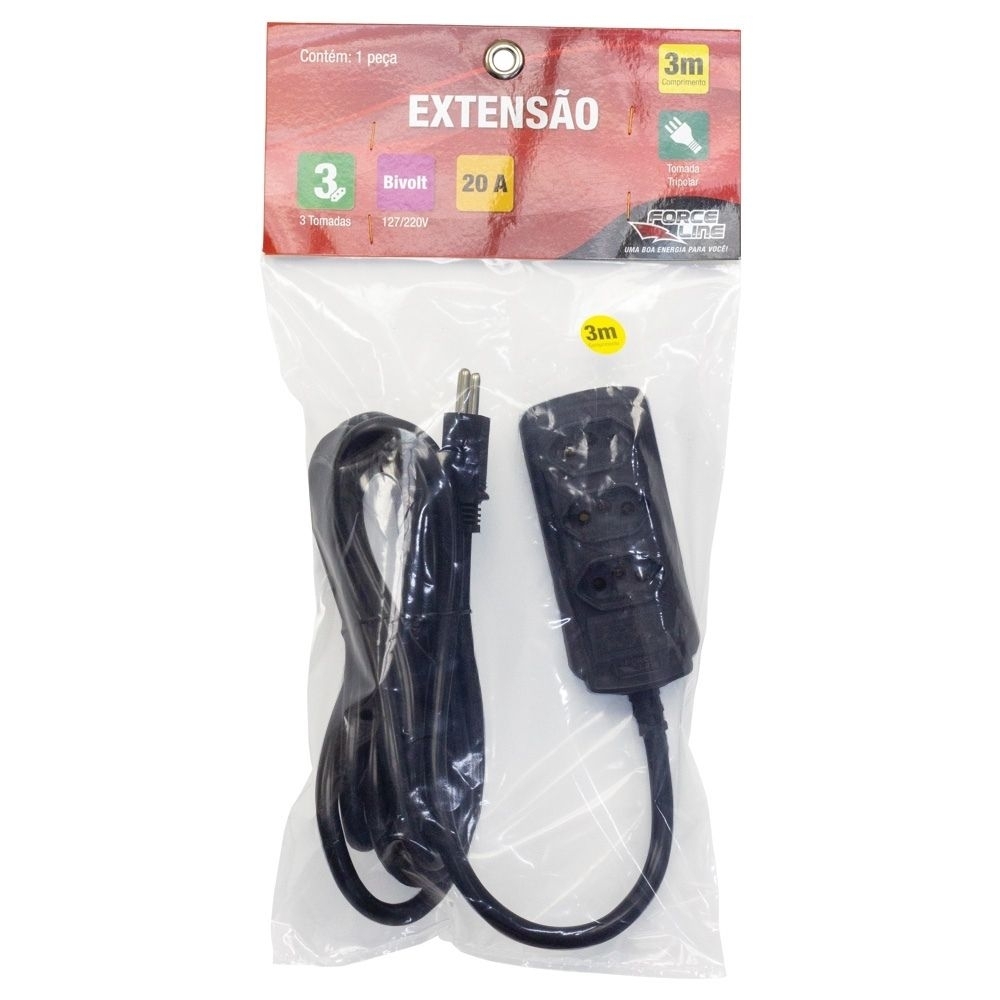 EXTENSAO 3 TOMADA 2P+T 20A PRETO 3 METROS PP - FORCE LINE