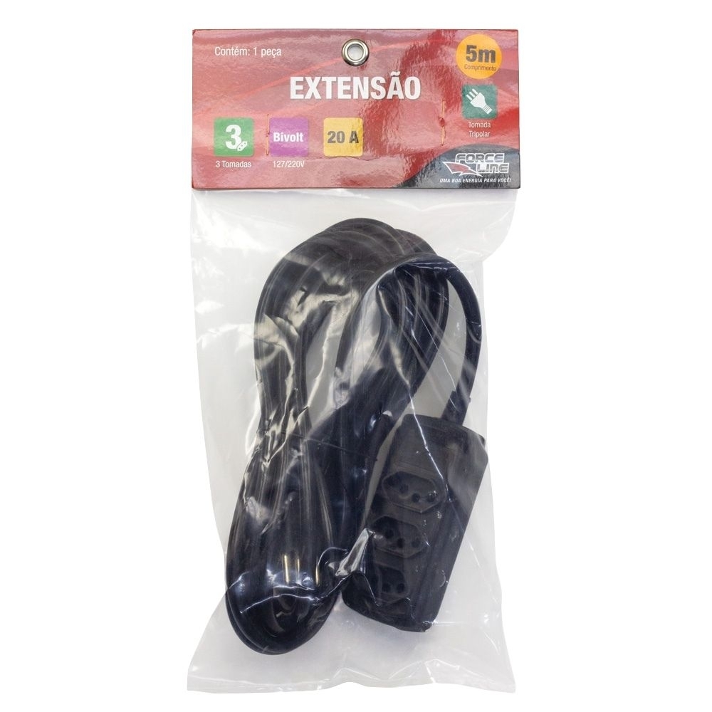 EXTENSAO 3 TOMADA 2P+T 20A PRETO 5 METROS PP - FORCE LINE