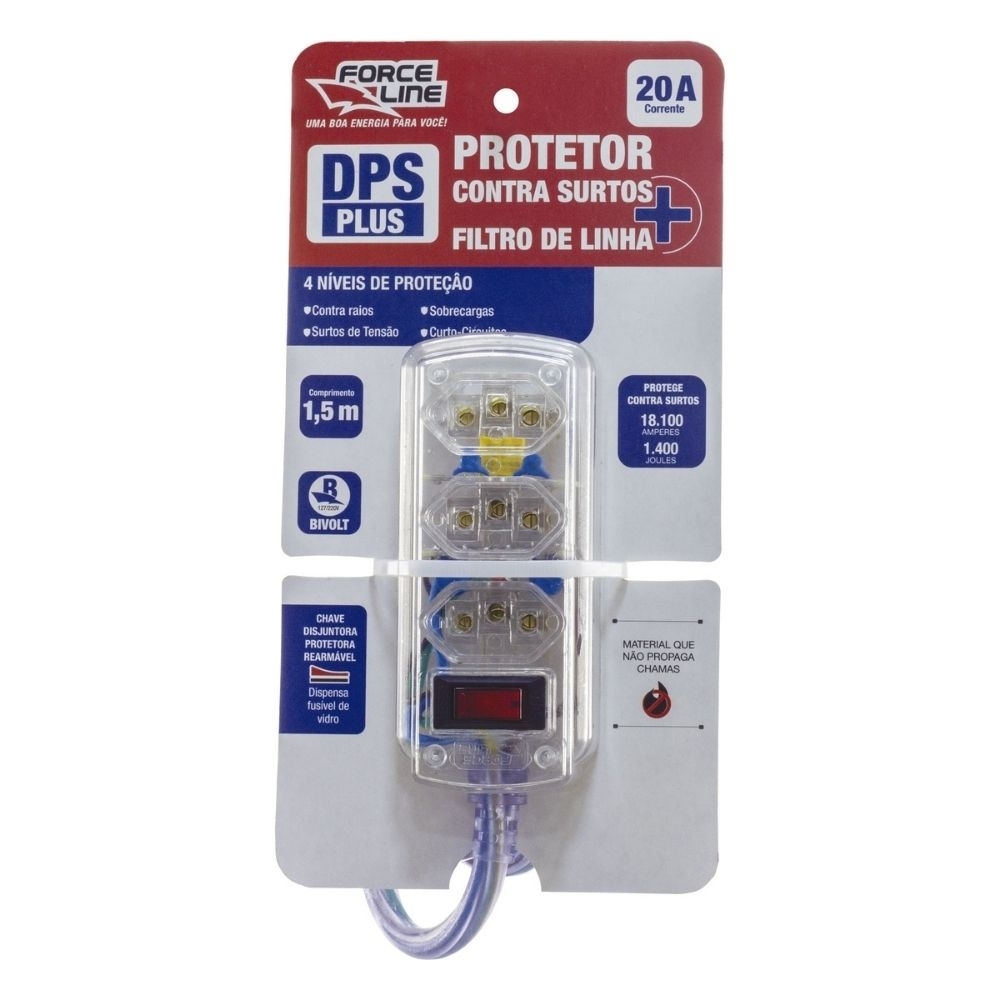 PROTETOR DE SURTO PARA 3 TOMADA 20A TRANSPARENTE - FORCE LINE