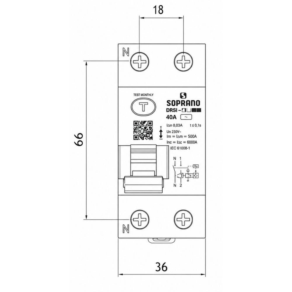 INTERRUPTOR DIFERENCIAL DR BIPOLAR 40A 30MA CLASSE AC - SOPRANO